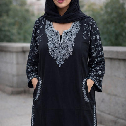 Handmade Kashmiri Aari Embroidered with Tila |Wool Pheran | Traditional Winter Wear | Ethnic Women's Clothing | Boho Style Long Jacket