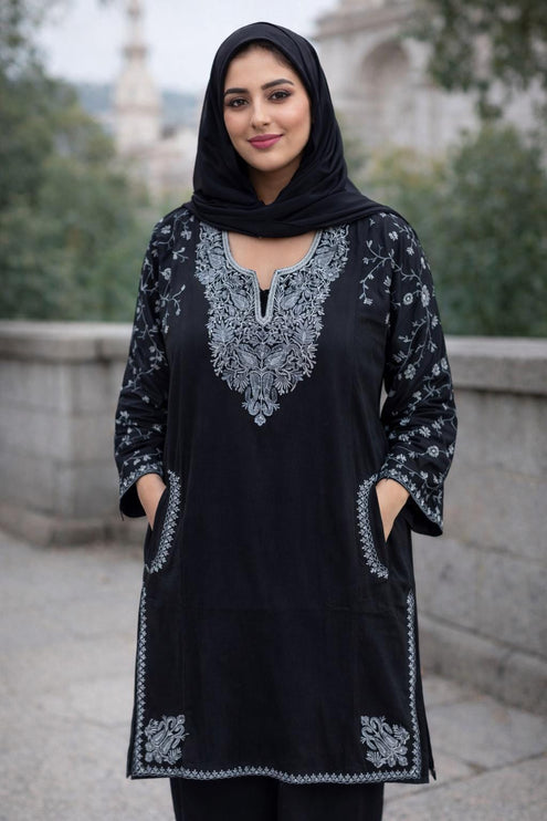 Handmade Kashmiri Aari Embroidered with Tila |Wool Pheran | Traditional Winter Wear | Ethnic Women's Clothing | Boho Style Long Jacket