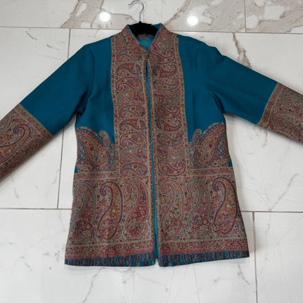 Kani Pashmina Jamawar Jacket, Teal Paisley Woven Coat size 44