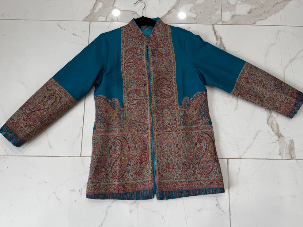 Kani Pashmina Jamawar Jacket, Teal Paisley Woven Coat size 44