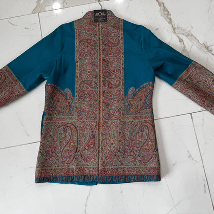 Kani Pashmina Jamawar Jacket, Teal Paisley Woven Coat size 44