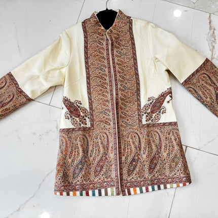Kani Pashmina Jamawar Jacket, Woven Paisley Wool Coat, Size 42