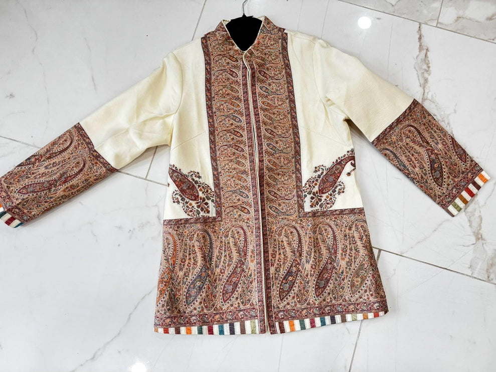 Kani Pashmina Jamawar Jacket, Woven Paisley Wool Coat, Size 42