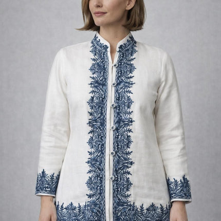 Short Aari Work Jacket | Blue and White | Aari Handwork | Size 44