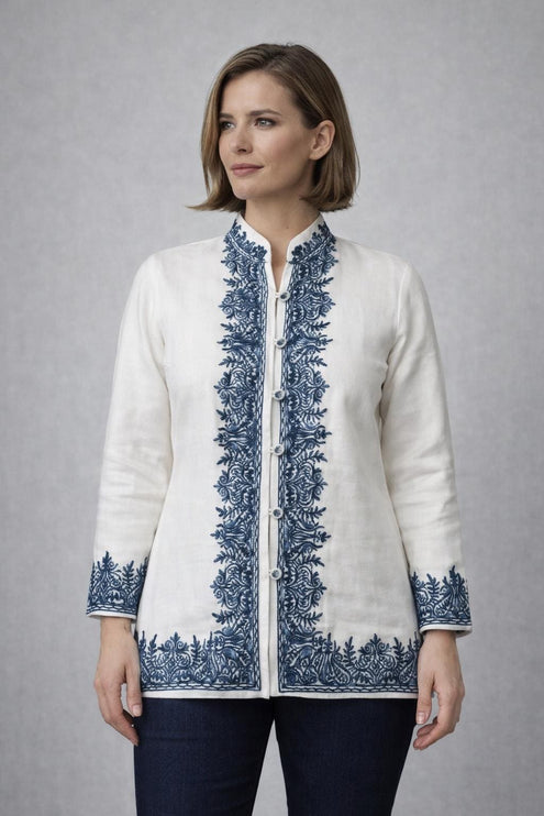 Short Aari Work Jacket | Blue and White | Aari Handwork | Size 44