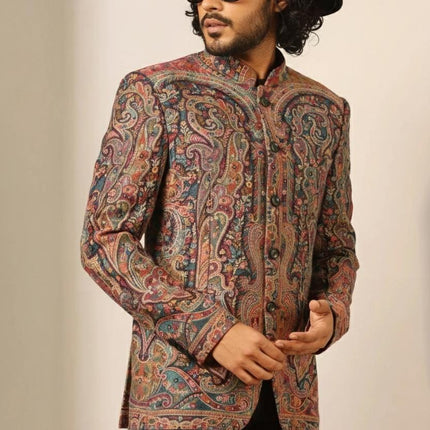 Mens Kani Jamawar Jamdani Jacket| Kani Woven Paisley | Mandarin Collar | Size 40,42,44,48