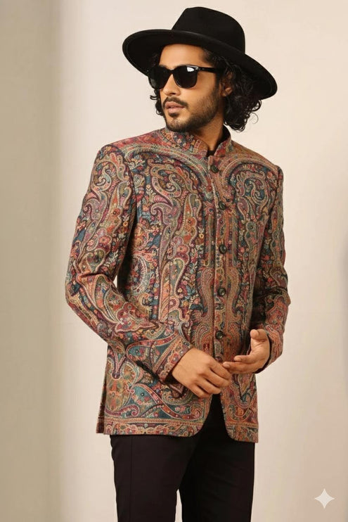 Mens Kani Jamawar Jamdani Jacket| Kani Woven Paisley | Mandarin Collar | Size 40,42,44,48