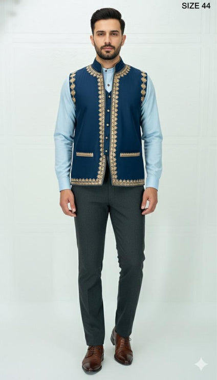 Handmade Designer MENS WOVEN Sozni handmad waistcoat, structured slim fit | Statement fashion wear| size 44
