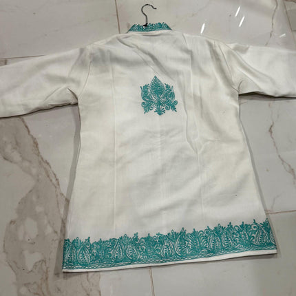 Short hand Sozni embroidered | Luxury wool Jacket | Teal and White | Size 42
