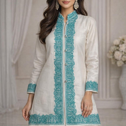Short hand Sozni embroidered | Luxury wool Jacket | Teal and White | Size 42