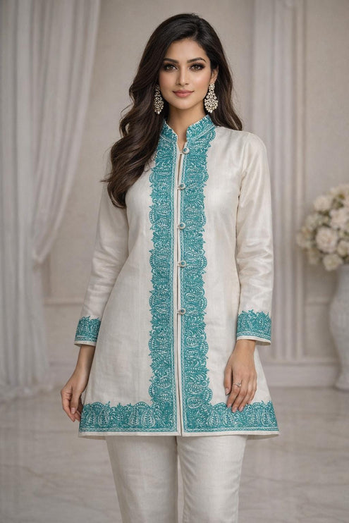 Short hand Sozni embroidered | Luxury wool Jacket | Teal and White | Size 42