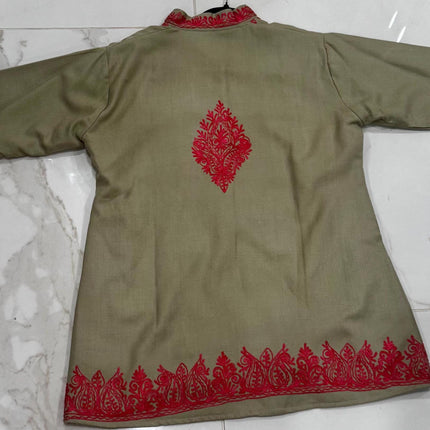 Short hand Sozni embroidered | Luxury wool Jacket | Tan and Red | Size 42
