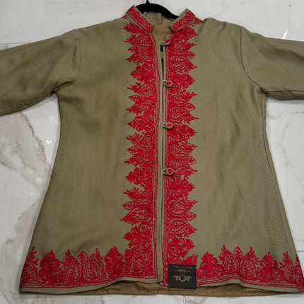 Short hand Sozni embroidered | Luxury wool Jacket | Tan and Red | Size 42