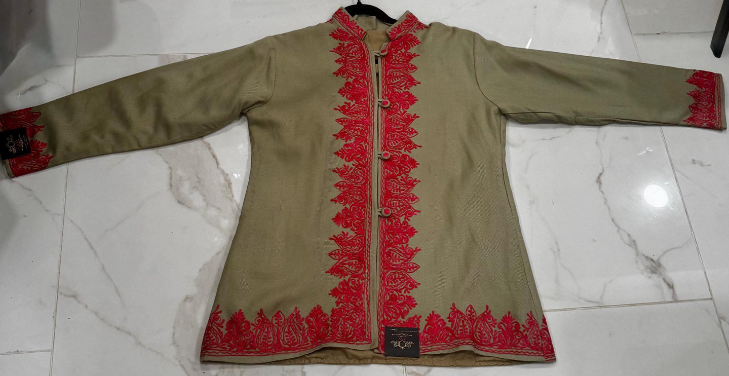 Short hand Sozni embroidered | Luxury wool Jacket | Tan and Red | Size 42