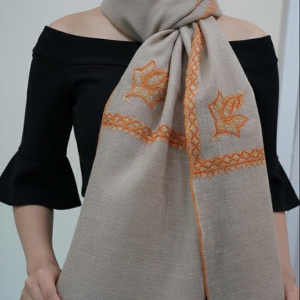 Hand Embroidered Wool Scarf, Beige Pashmina Shawl with Orange Paisley