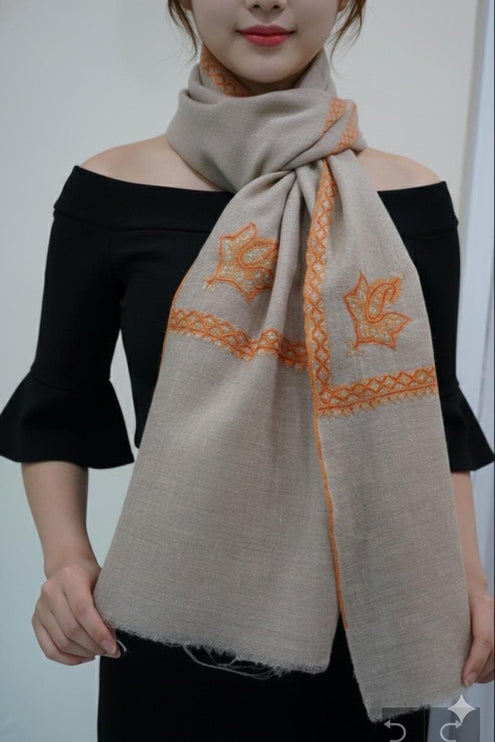 Hand Embroidered Wool Scarf, Beige Pashmina Shawl with Orange Paisley