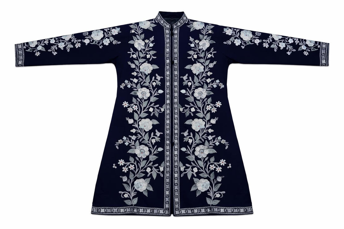 Long Aari Work Jacket | Blue and White | Aari Handwork | Size 48