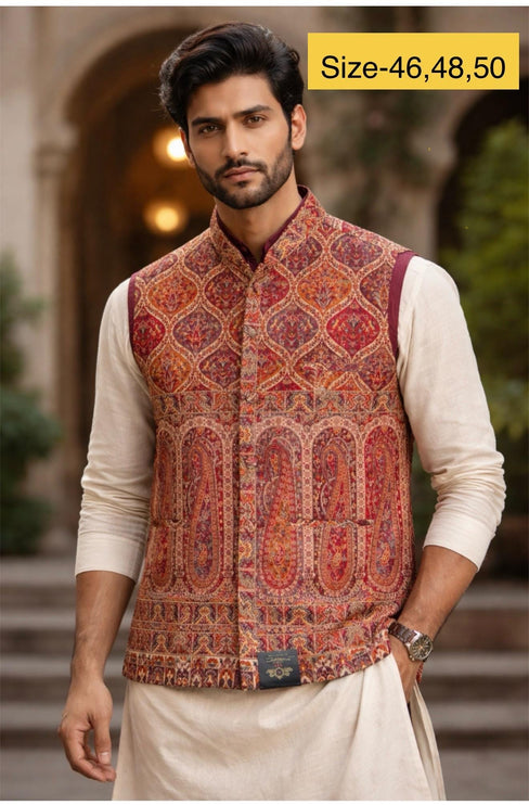 Mens Kani Pashmina Waistcoat, Woven Paisley, Size 44,46,48,50