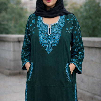 Handmade Kashmiri Aari Embroidered with Tila |Wool Pheran | Traditional Winter Wear | Ethnic Women's Clothing | Boho Style Long Jacket