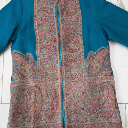 Kani Pashmina Jamawar Jacket, Teal Paisley Woven Coat size 44