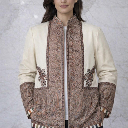Kani Pashmina Jamawar Jacket, Woven Paisley Wool Coat, Size 42 - 42