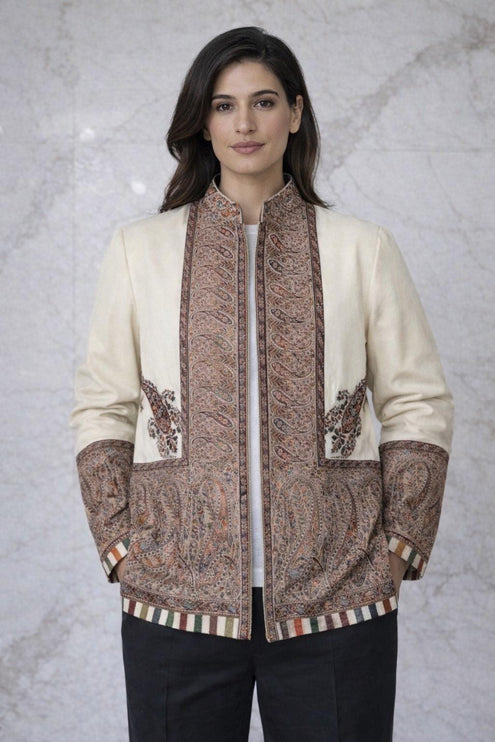 Kani Pashmina Jamawar Jacket, Woven Paisley Wool Coat, Size 42 - 42