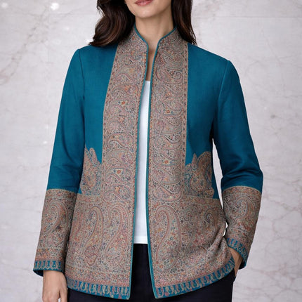 Kani Pashmina Jamawar Jacket, Teal Paisley Woven Coat size 44 - 40