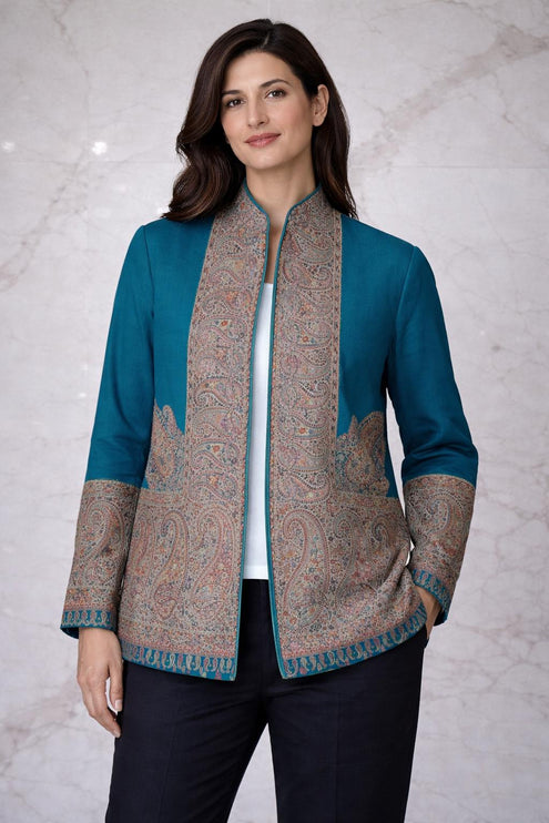 Kani Pashmina Jamawar Jacket, Teal Paisley Woven Coat size 44 - 40