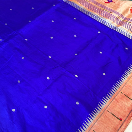 Handloom Paithani Silk Saree | Royal Blue, Red Zari Border