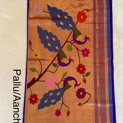Handloom Paithani Silk Saree | Royal Blue, Red Zari Border