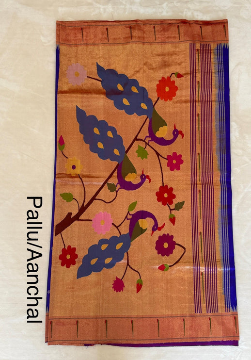Handloom Paithani Silk Saree | Royal Blue, Red Zari Border
