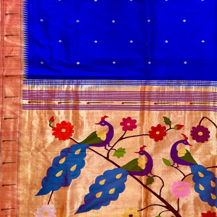 Handloom Paithani Silk Saree | Royal Blue, Red Zari Border