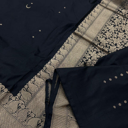 Hand Woven Banarasi Katan Silk Saree | Motifs Weaving, Black color with light gold Border