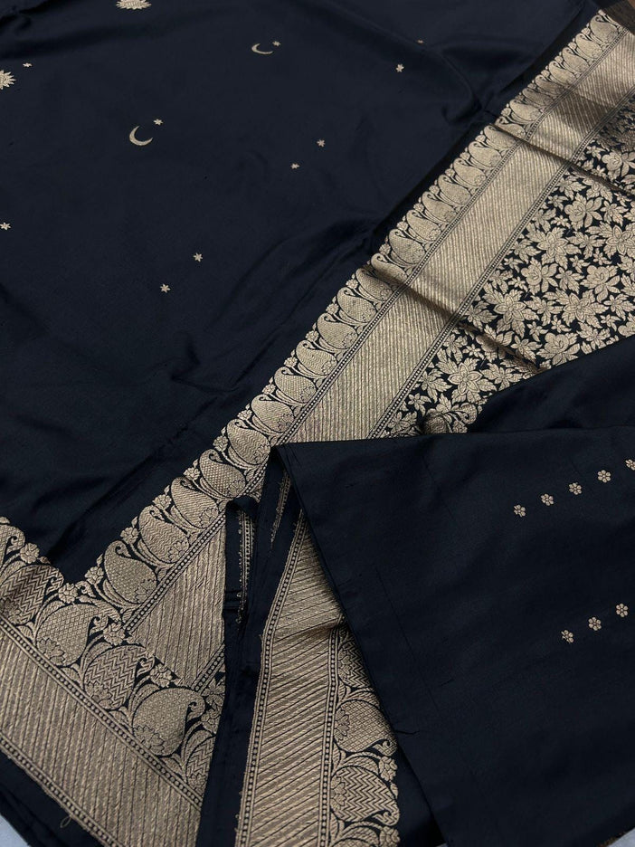 Hand Woven Banarasi Katan Silk Saree | Motifs Weaving, Black color with  light gold Border