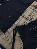 Hand Woven Banarasi Katan Silk Saree | Motifs Weaving, Black color with light gold Border
