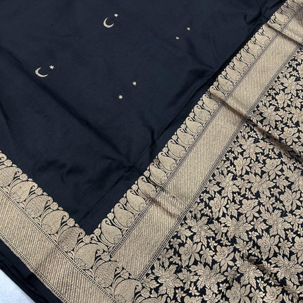 Hand Woven Banarasi Katan Silk Saree | Motifs Weaving, Black color with  light gold Border