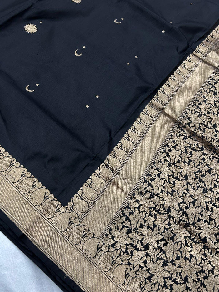 Hand Woven Banarasi Katan Silk Saree | Motifs Weaving, Black color with  light gold Border