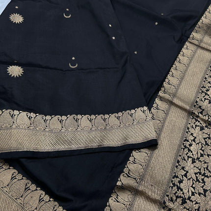 Hand Woven Banarasi Katan Silk Saree | Motifs Weaving, Black color with  light gold Border