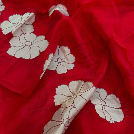 Red Banarasi Silk Saree, Golden color Flower Applique, Silk Mark Certified
