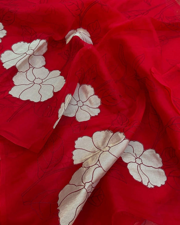 Red Banarasi Silk Saree, Golden color Flower Applique, Silk Mark Certified