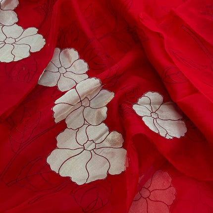 Red Banarasi Silk Saree, Golden color Flower Applique, Silk Mark Certified