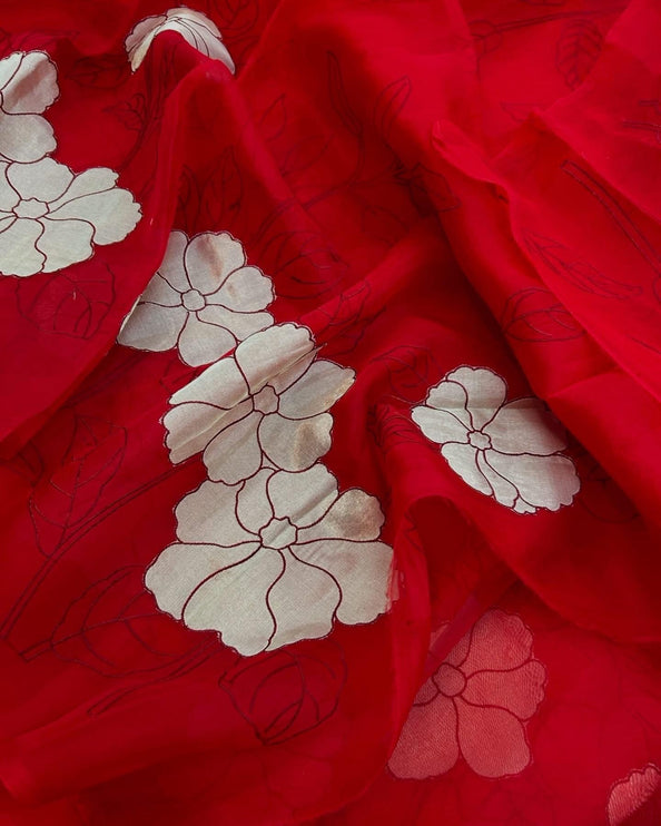 Red Banarasi Silk Saree, Golden color Flower Applique, Silk Mark Certified