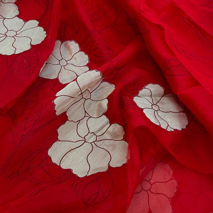 Red Banarasi Silk Saree, Golden color Flower Applique, Silk Mark Certified