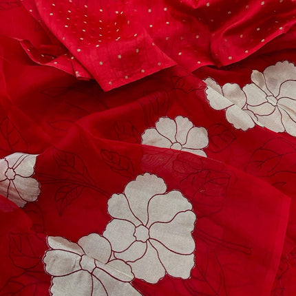 Red Banarasi Silk Saree, Golden color Flower Applique, Silk Mark Certified