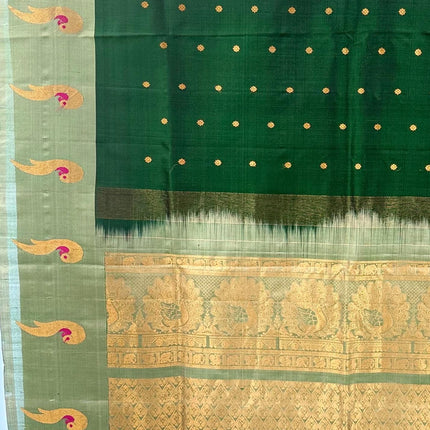 Handloom Gadhwal Silk Saree | Green with Muniya Border | Silk Mark