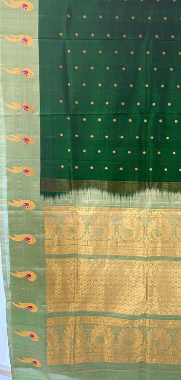 Handloom Gadhwal Silk Saree | Green with Muniya Border | Silk Mark
