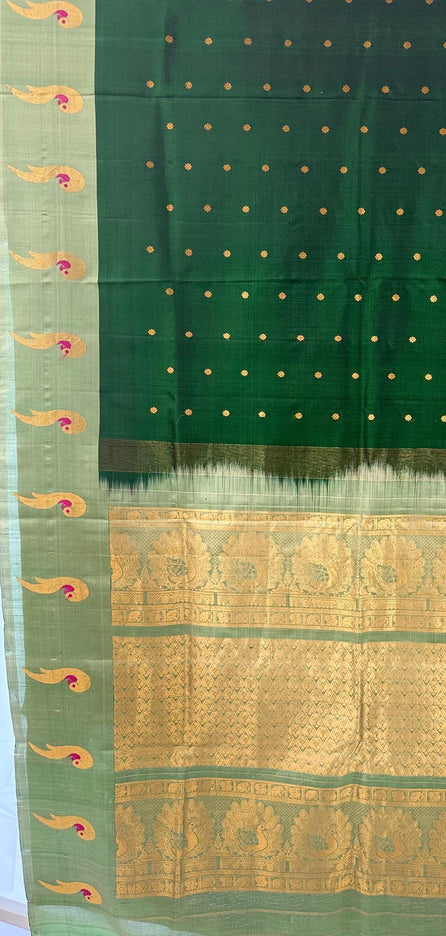 Handloom Gadhwal Silk Saree | Green with Muniya Border | Silk Mark