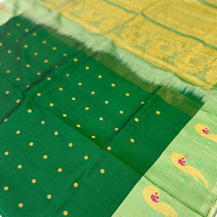 Handloom Gadhwal Silk Saree | Green with Muniya Border | Silk Mark