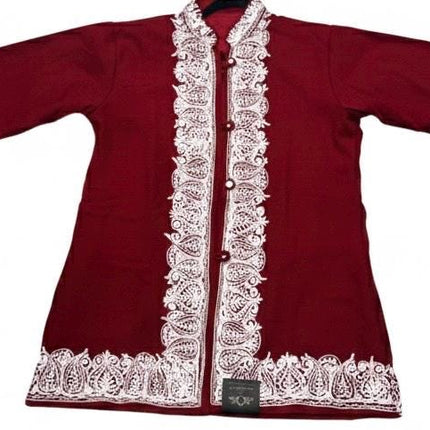 Short Sozni Work Jacket | Red and White | Pure Wool Aari Work | Size 42