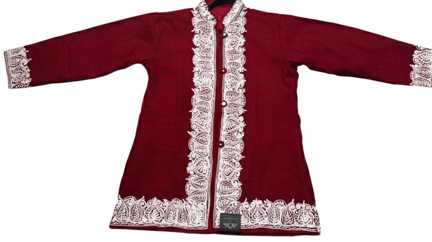 Short Sozni Work Jacket | Red and White | Pure Wool Aari Work | Size 42